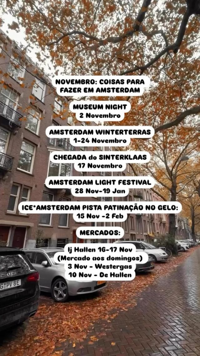 🧣Programação para novembro:  📌 @museumnacht.amsterdam - 2 de novembro
Cerca de 40 museus abrem suas portas das 19h às 2h, com eventos organizados, incluindo DJs e performances. Ingressos a partir de €5  📌 @amsterdamseterrassenfestival - 1 a 24 de novembro
Aproveite quatro finais de semana de festival de inverno, com ótima música, comidas e bebidas. Agora em um novo local: Centrale Markthallen  📌 Chegada do Sinterklaas - 17 de novembro
Comemore a tradição de Sinterklaas (“Papai Noel holandês”) com desfiles pela cidade. Ele chega a cavalo, cumprimenta as crianças e distribui doces. O desfile termina em um ponto central, onde as celebrações continuam com música, performances e oportunidades para as crianças conhecerem o Sinterklaas  📌 @amsterdamlightfestival - 28 de nov a 19 de jan  O Amsterdam Light Festival transforma os canais, pontes e edifícios históricos da cidade em uma galeria de arte a céu aberto. Esse evento é um dos grandes destaques do inverno, combinando arte, tecnologia e o charme de Amsterdam para criar uma experiência memorável. O festival pode ser explorado a pé, de bicicleta ou de barco, com cruzeiros que oferecem vistas incríveis das obras iluminadas.
⚠️ Vale lembrar que oferecemos passeios privados de barco para que você aproveite o festival de forma exclusiva e única  📌 @iceamsterdam - 15 de nov a 2 de fev de 2025
Divirta-se patinando na icônica pista de gelo no Museumplein. Após uma pausa no ano passado, a pista vai reabrir este ano novamente  📌 Mercados em Amsterdam:  •	@ijhallen - maior mercado de pulgas: 16-17 de novembro
(Mercado aos domingos)
 •	Westerpark: 3 de novembro
 •	De Hallen: 10 de novembro  •
•
•
#Amsterdam #Amsterdã #Amsterdão #Holanda #Holland #ConexãoAmsterdam #GuiaAmsterdam #GuiaHolanda #GuiaEmAmsterdam #PaisesBaixos #EuroTrip #BrasileirosNaHolanda